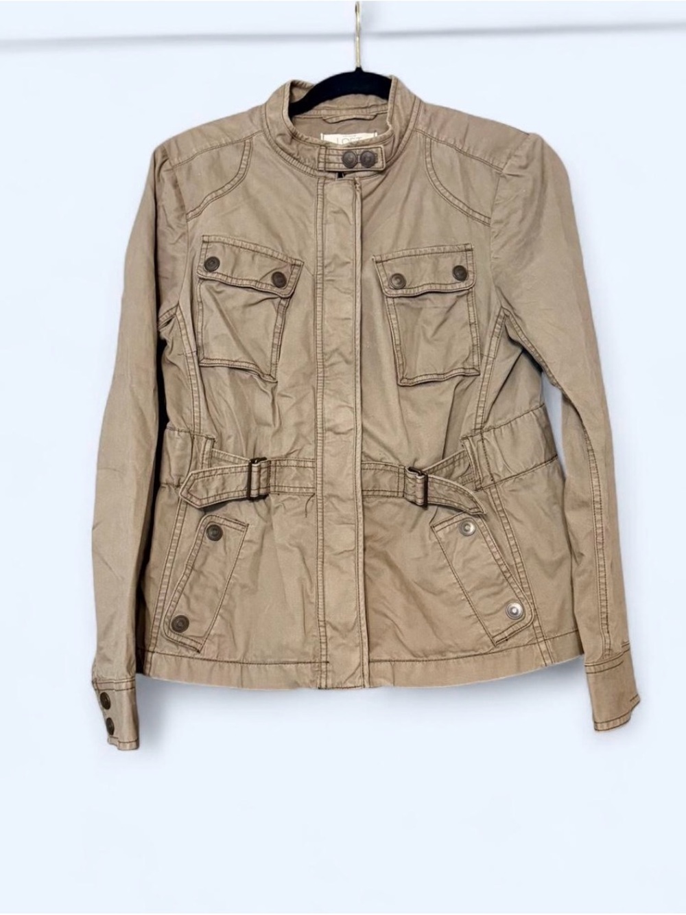 Jacket lightweight fall coat loft Utility Belted 8 zip up snaps womens gray tan